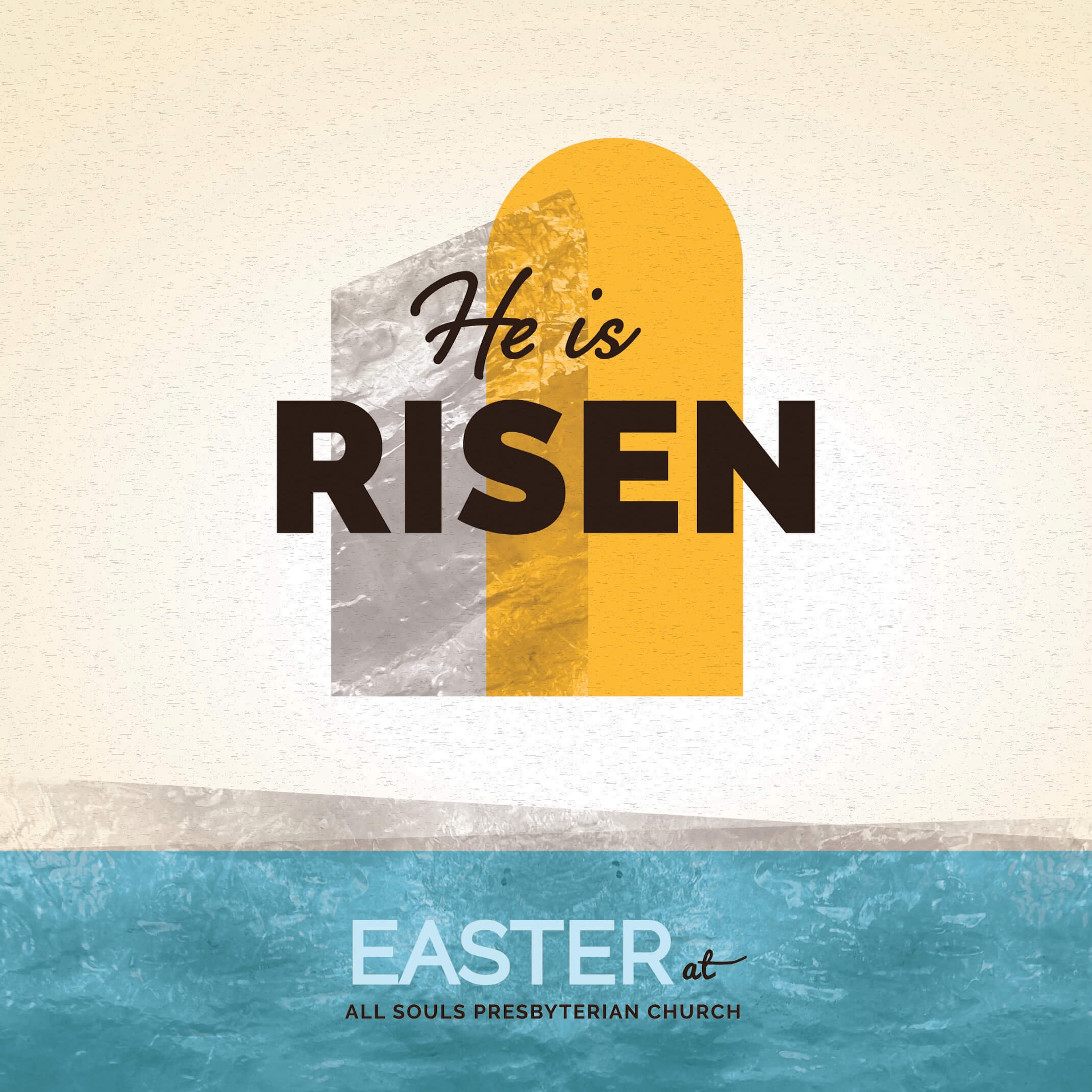 The words He is Risen in front of an abstract empty tomb