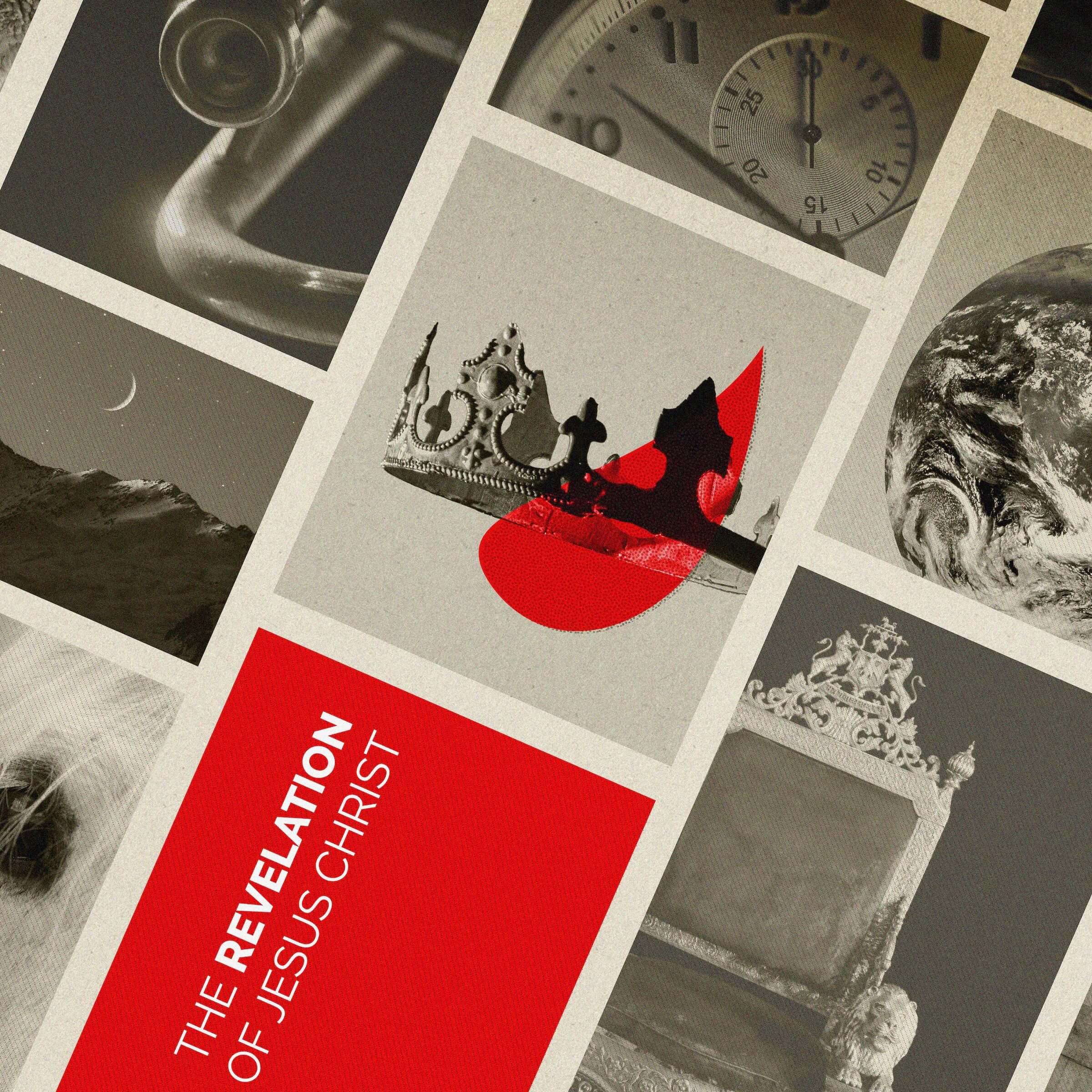 pictures from Revelation, including a crown, a trumpet, a throne, and the world