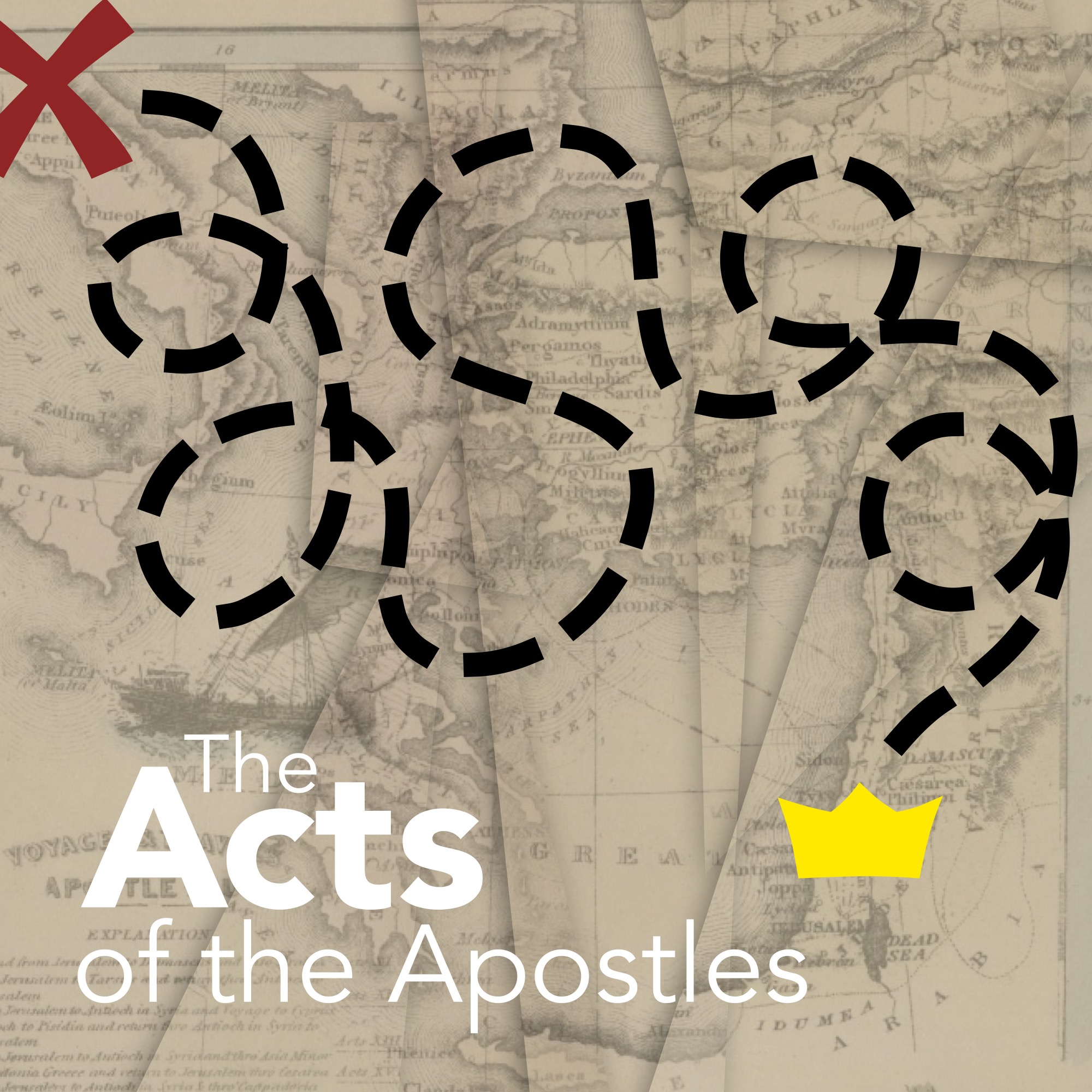 Acts Album Cover, map with a course charted on it, ending at a crown