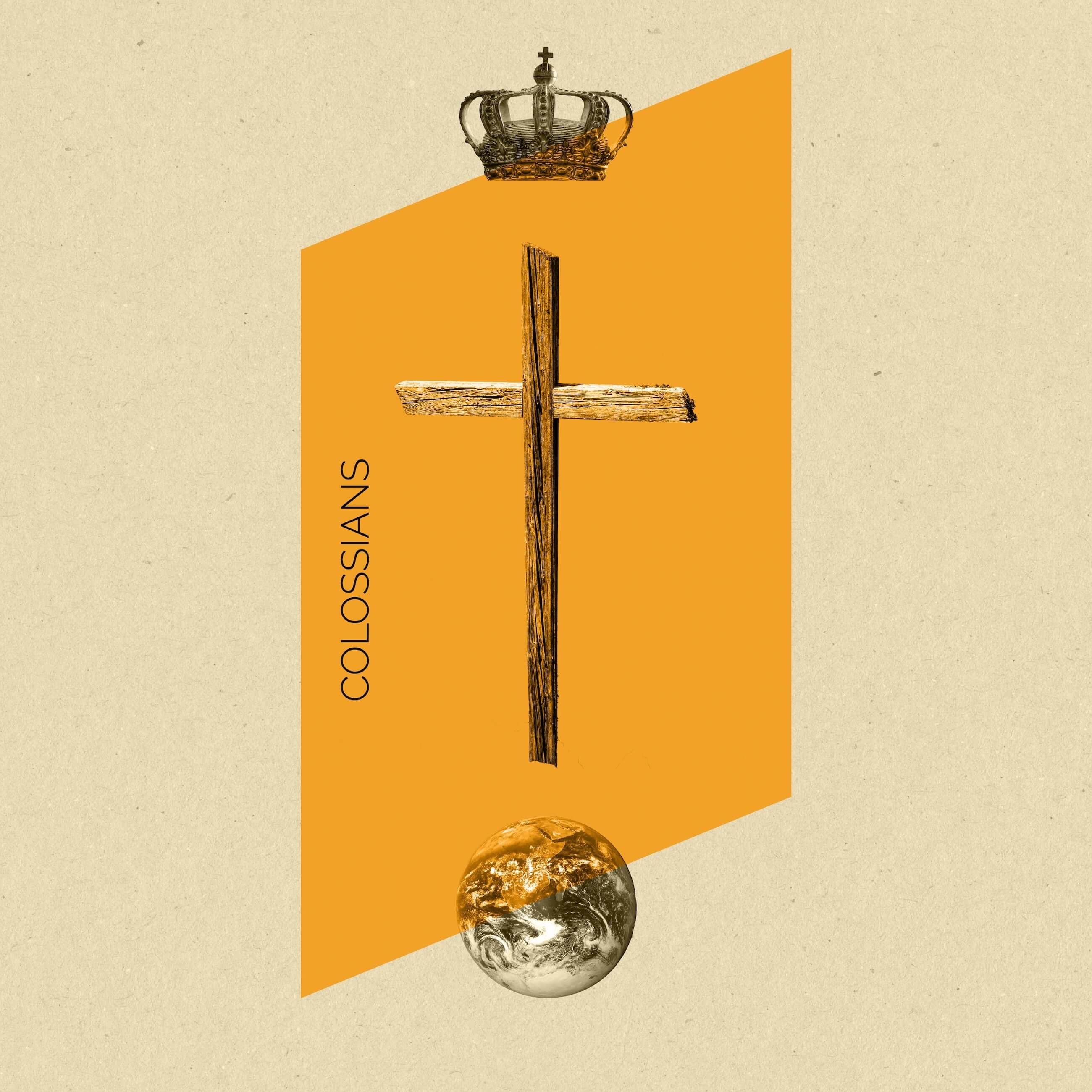 a photo collage of a crown, a wooden cross, and the earth